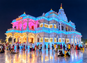 Illuminated Prem Mandir temple at night in Vrindavan during a spiritual vrindavan staycation.
