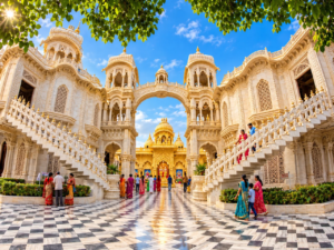 Devotees walking through the intricately carved white marble courtyard of ISKCON Sri Krishna Balaram Temple in Vrindavan.