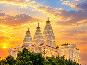 Vrindavan Chandrodaya Mandir illuminated with golden lights against a vibrant sunset sky.