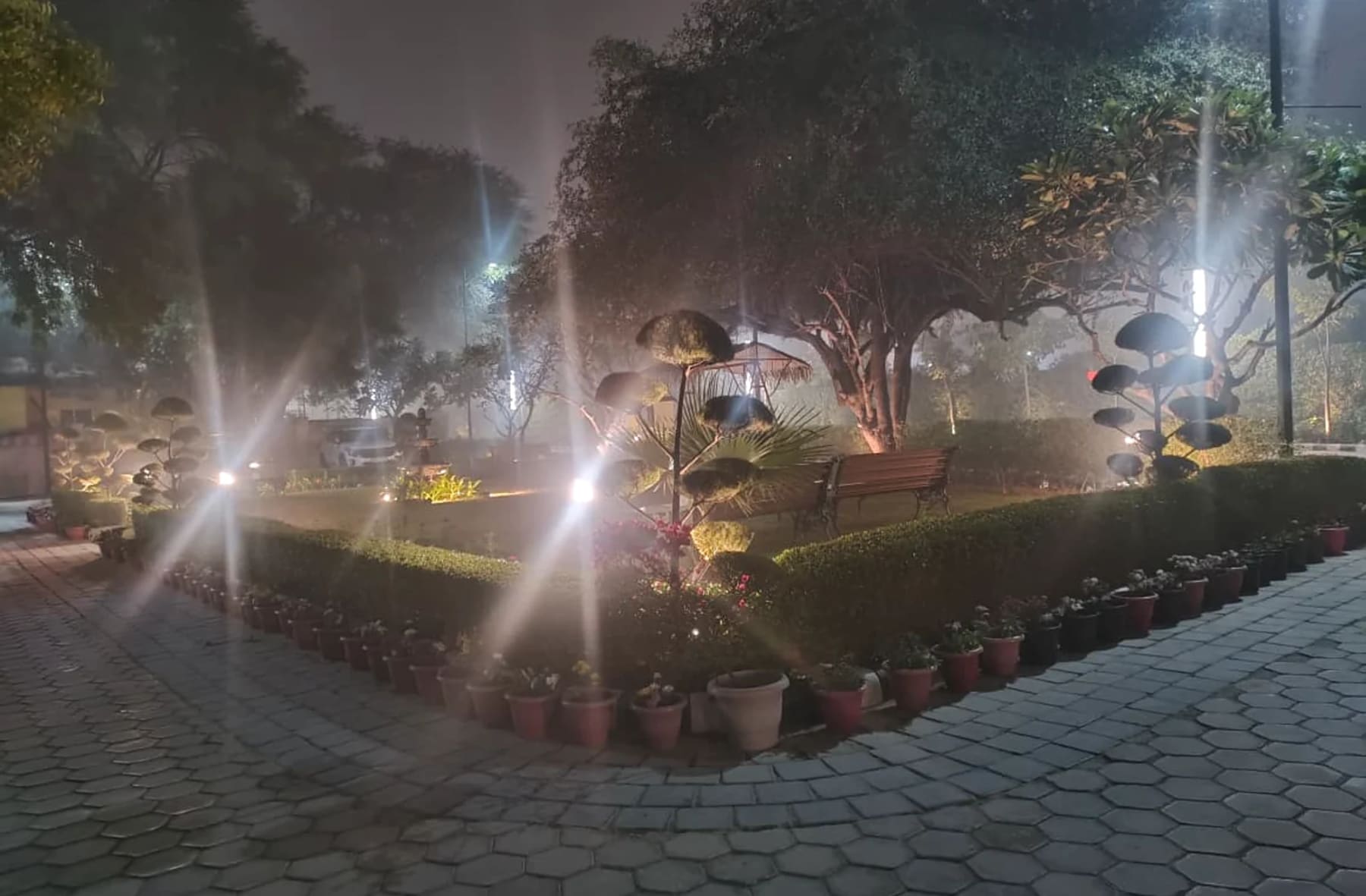 Quiet illuminated garden at Krishna Bhumi Holydays