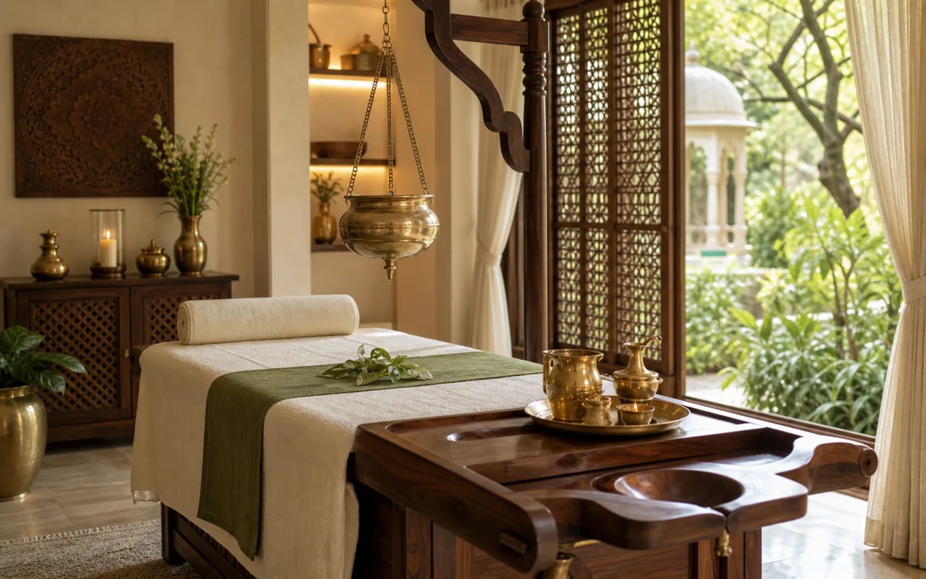 Wellness room with a calm garden outlook