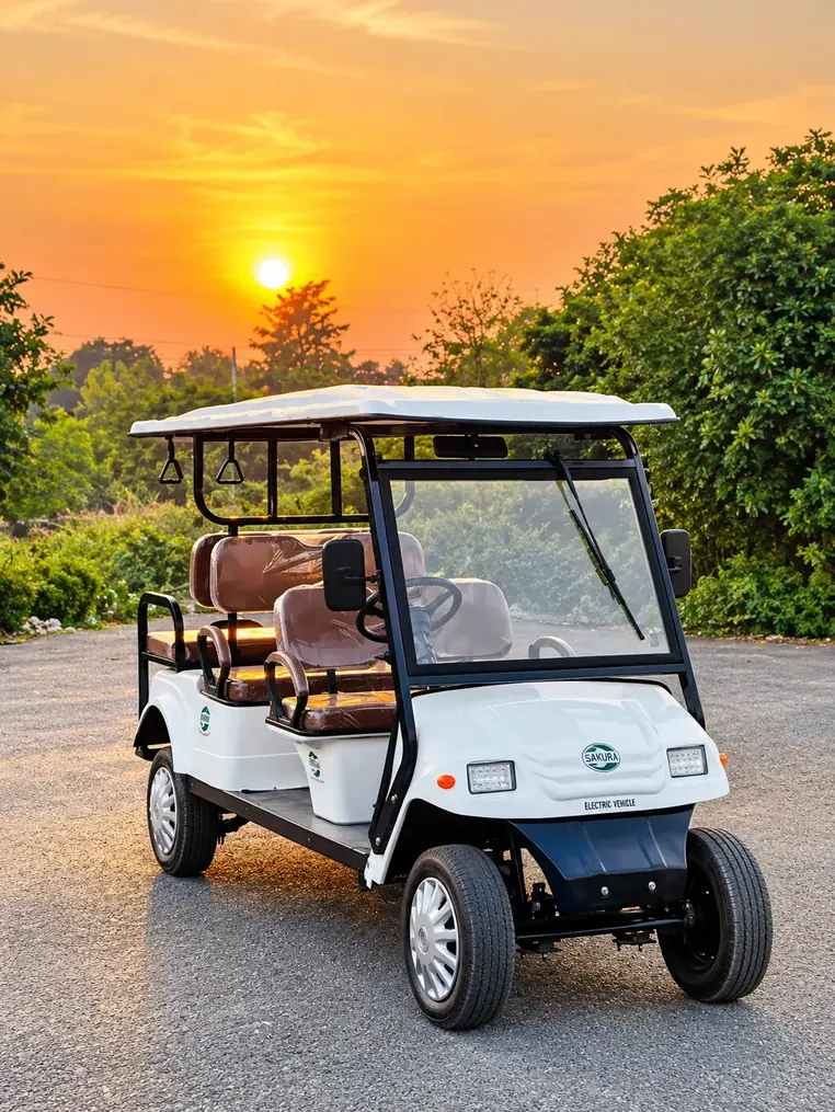A white six-seater electric buggy with brown seats on a campus road at sunset, trees behind and the sun low in an orange sky