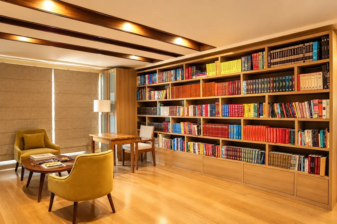 The library zone: a wall of oak shelves filled with colourful books, two olive-green armchairs round a low table, a reading desk by the window and wooden ceiling beams
