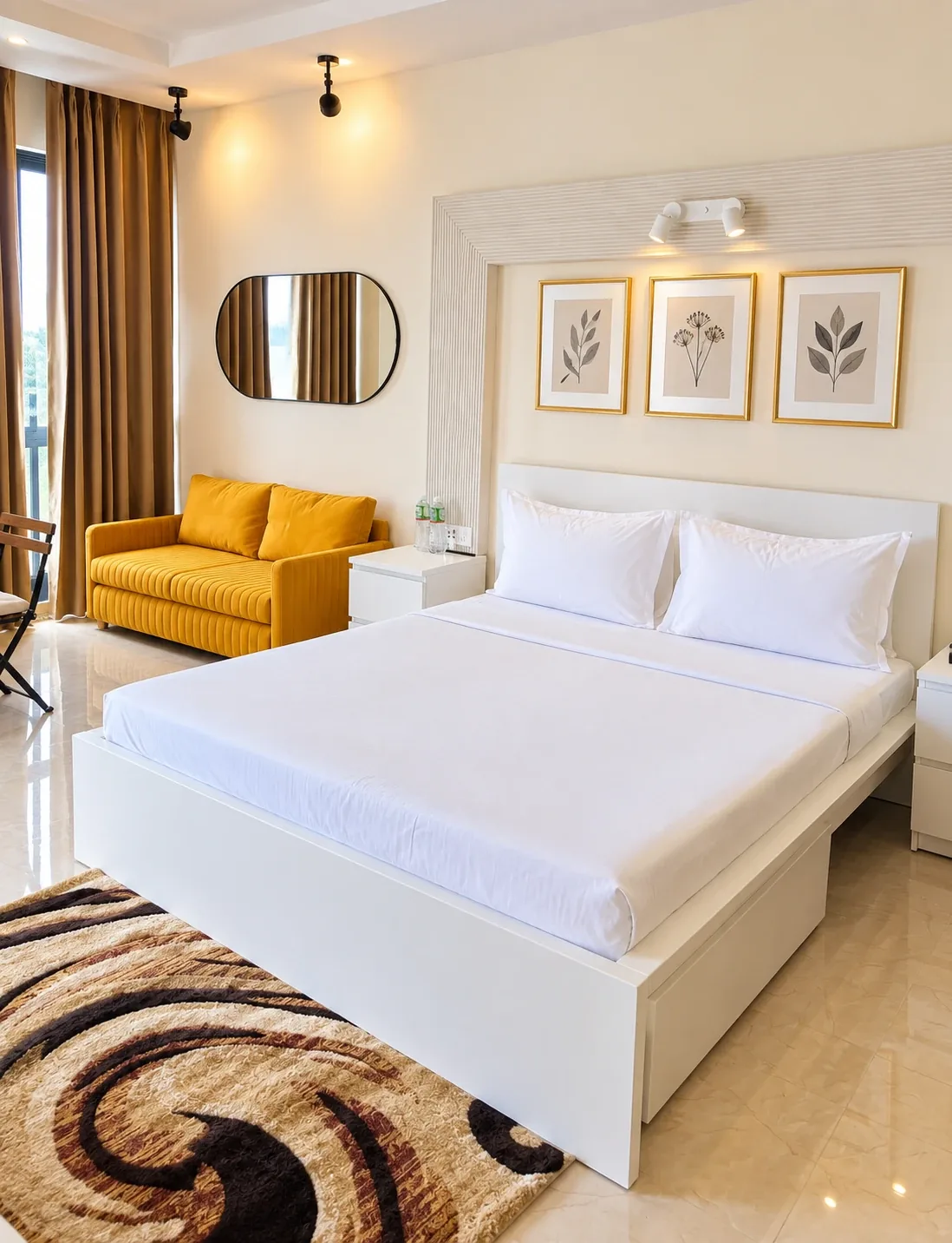 A studio at Vrindavan Staycation: a white double bed with crisp linen, a mustard two-seater sofa by the window, three botanical prints in gold frames above the headboard and a patterned rug on the marble floor