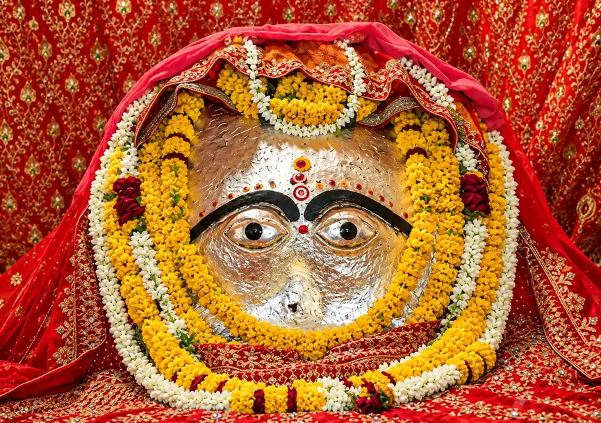 Chamunda Devi, Mathura: the silver face of the Goddess with painted eyes and a red bindi, ringed with marigold and jasmine garlands and draped in a red embroidered chunri