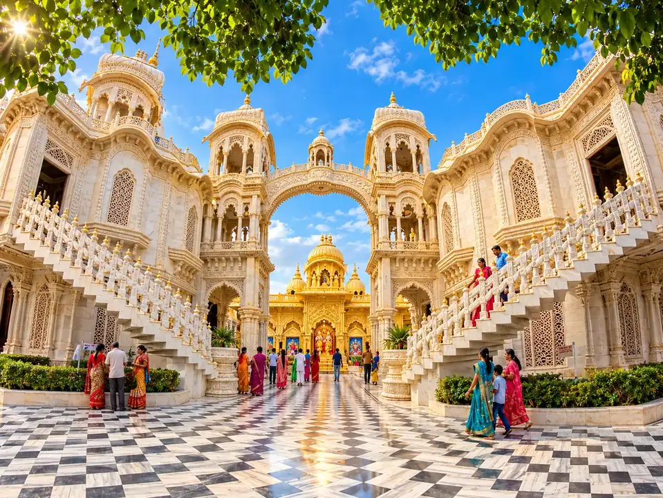 ISKCON Vrindavan: the white marble gateway and twin stairways of the Krishna Balaram Mandir, its carved arch framing the golden shrine across a chequered courtyard where pilgrims in bright saris walk beneath overhanging leaves