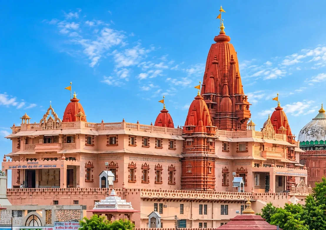 Shri Krishna Janmabhoomi, Mathura: the pink sandstone temple with its tall red shikhara and four smaller spires, each flying a saffron pennant, under a blue sky, the green-and-white dome of the Shahi Idgah beyond