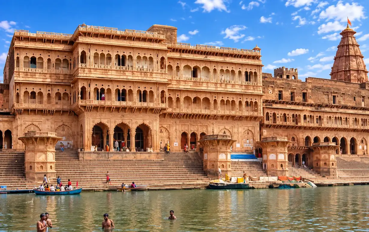 Keshi Ghat, Vrindavan: the carved sandstone facade and pavilions of the ghat rising above stone steps to the Yamuna, bathers in the river and painted boats at the water&rsquo;s edge, a temple spire to the right