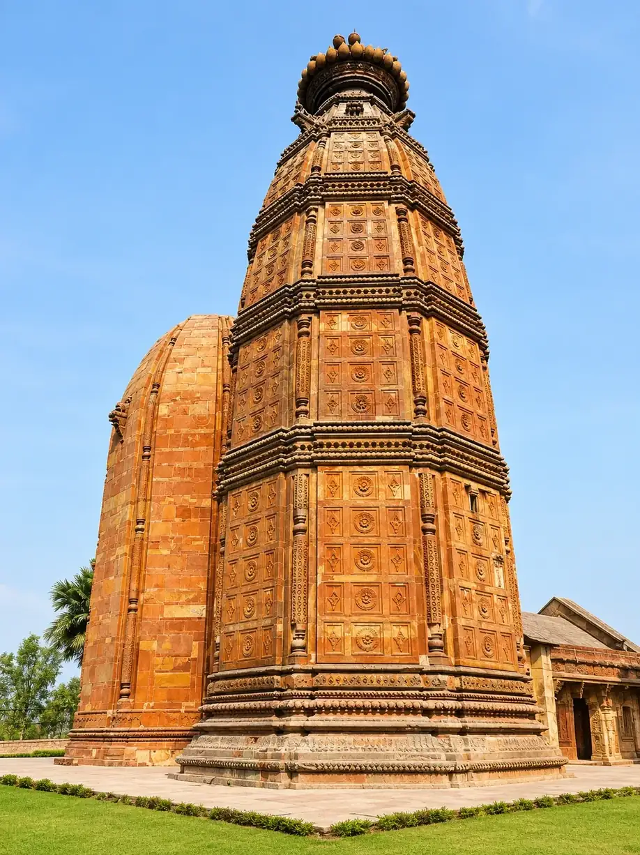 Madan Mohan Temple, Vrindavan: the tall red sandstone tower with its crowned finial and carved octagonal tiers, beside the domed sanctum