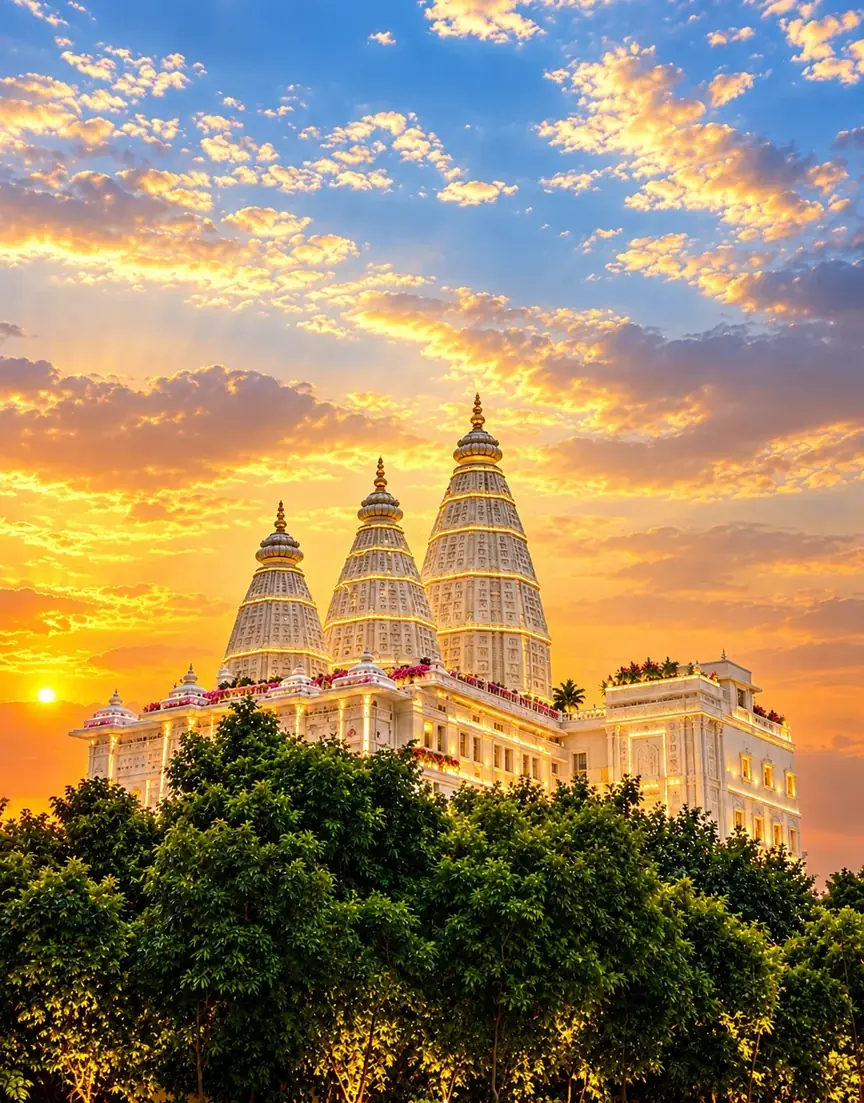 The Vrindavan Chandrodaya Mandir at sunset, its carved marble spires lit gold above the treetops